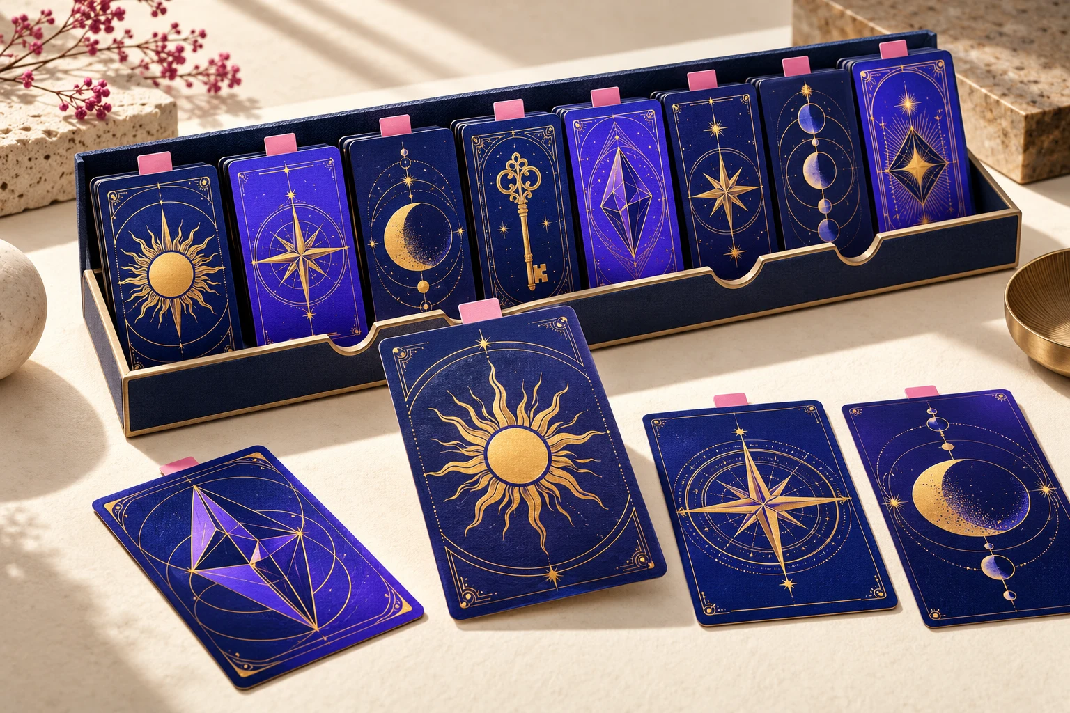 An ordered archive of navy and violet game catalogue cards